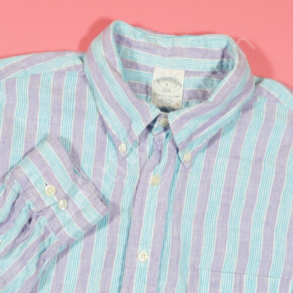 Brooks Brothers Linen Shirt Mens L Blue Purple Striped Long Sleeve - Picture 1 of 4